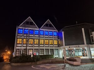 Bild vergr&ouml;&szlig;ern: Rathaus beleuchtet Ukraine-Farben