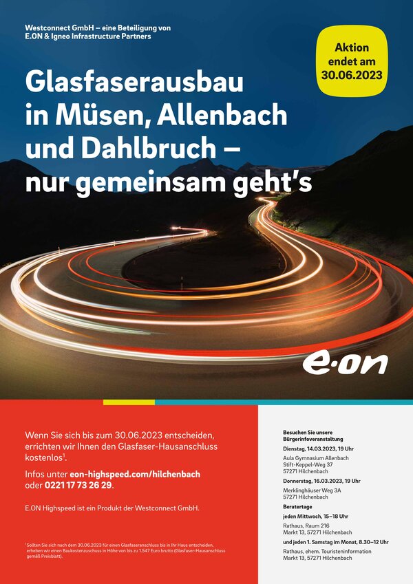 Das Bild zeigt ein Plakat von Westconnect zum Thema Glasfaserausbau. In M&uuml;sen, Allenbach und Dahlbruch beginnt die Vorvermarktung. Dazu finden im M&auml;rz zwei B&uuml;rgerinfoveranstaltungen statt.