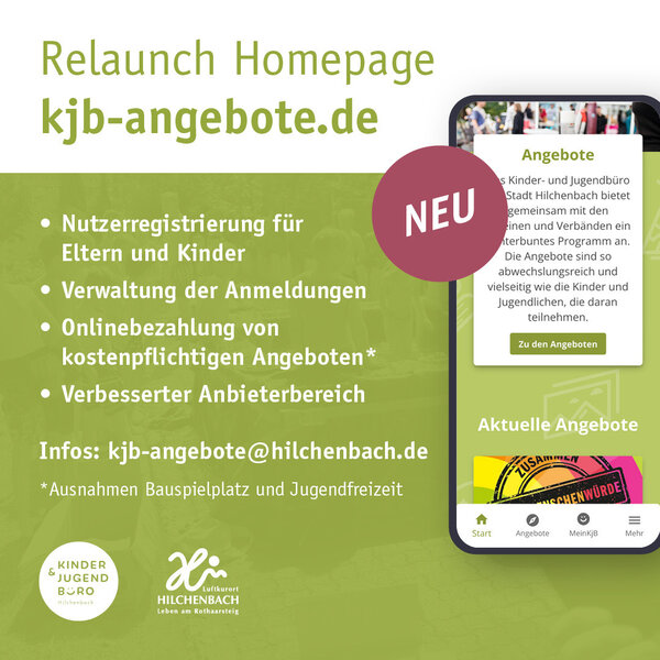 Das Kinder- und Jugendb&uuml;ro der Stadt Hilchenbach geht mit einer neuen Homepage an den Start. Das Bild zeigt ein Smartphone, auf dem die Homepage abgebildet ist. Au&szlig;erdem wird das neue Angebot stichwortartig beschrieben.