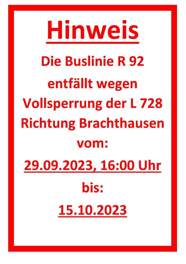 Buslinie R 92 entfällt wegen Sperrung