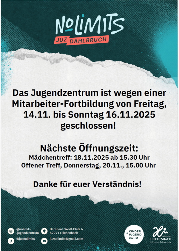 Plakat Zugendzentrum Dahlbruch_Schließtage 14. bis 16. November 2025